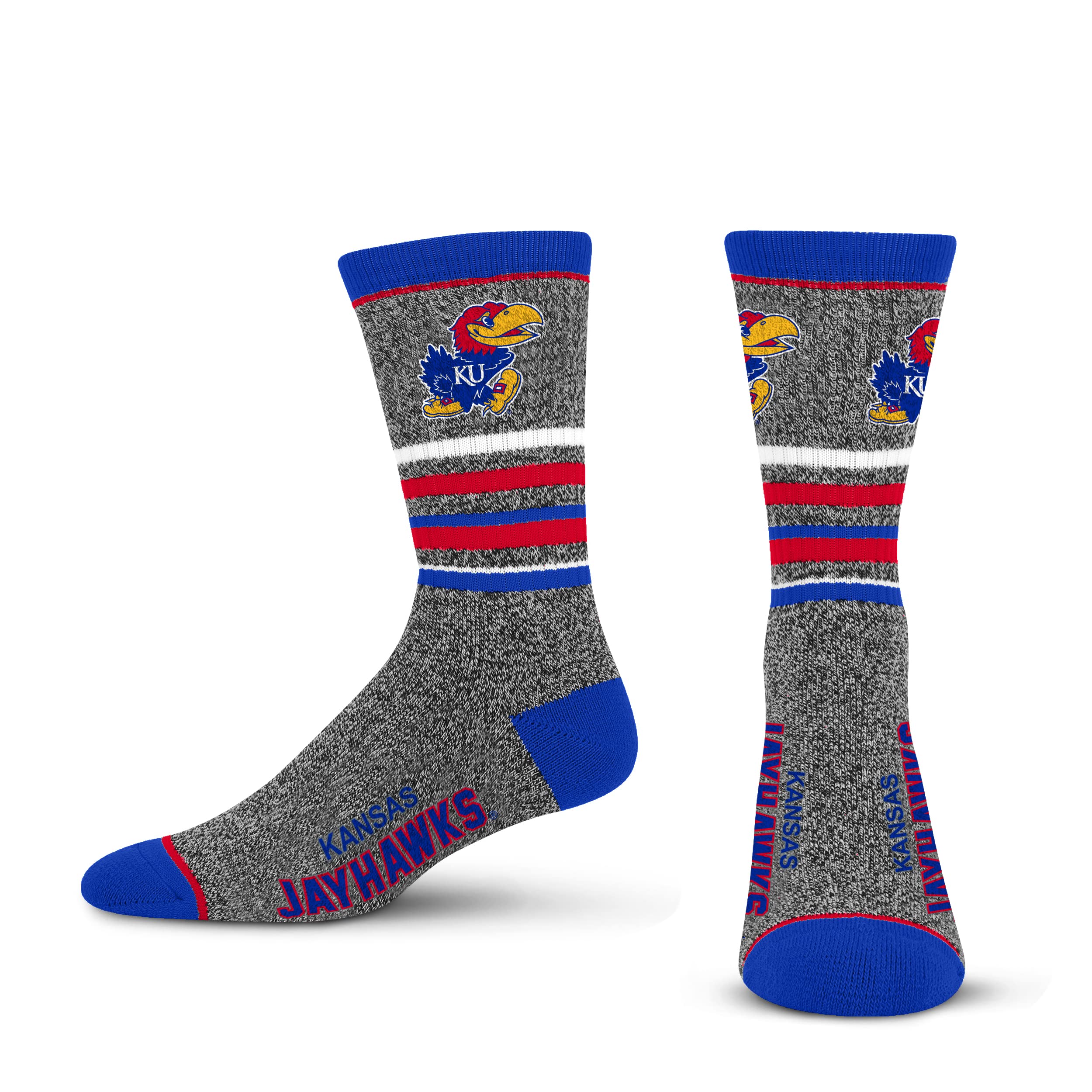 For Bare Feet Mens NCAA Kansas Jayhawks 5 Star Crew Sock Marble Grey Large