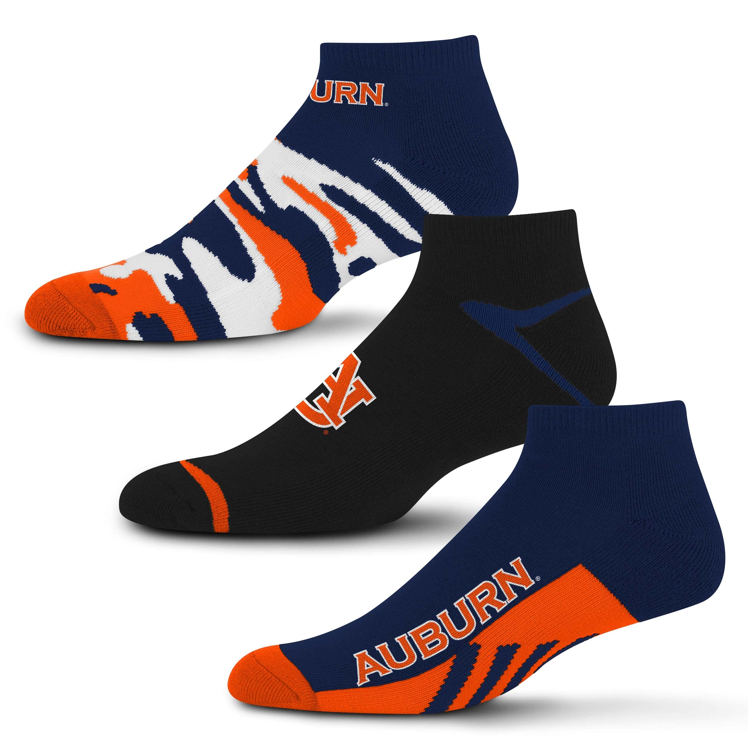 For Bare Feet NCAA Auburn Tigers CAMO BOOM 3 Pack Ankle Sock Team Colors Large