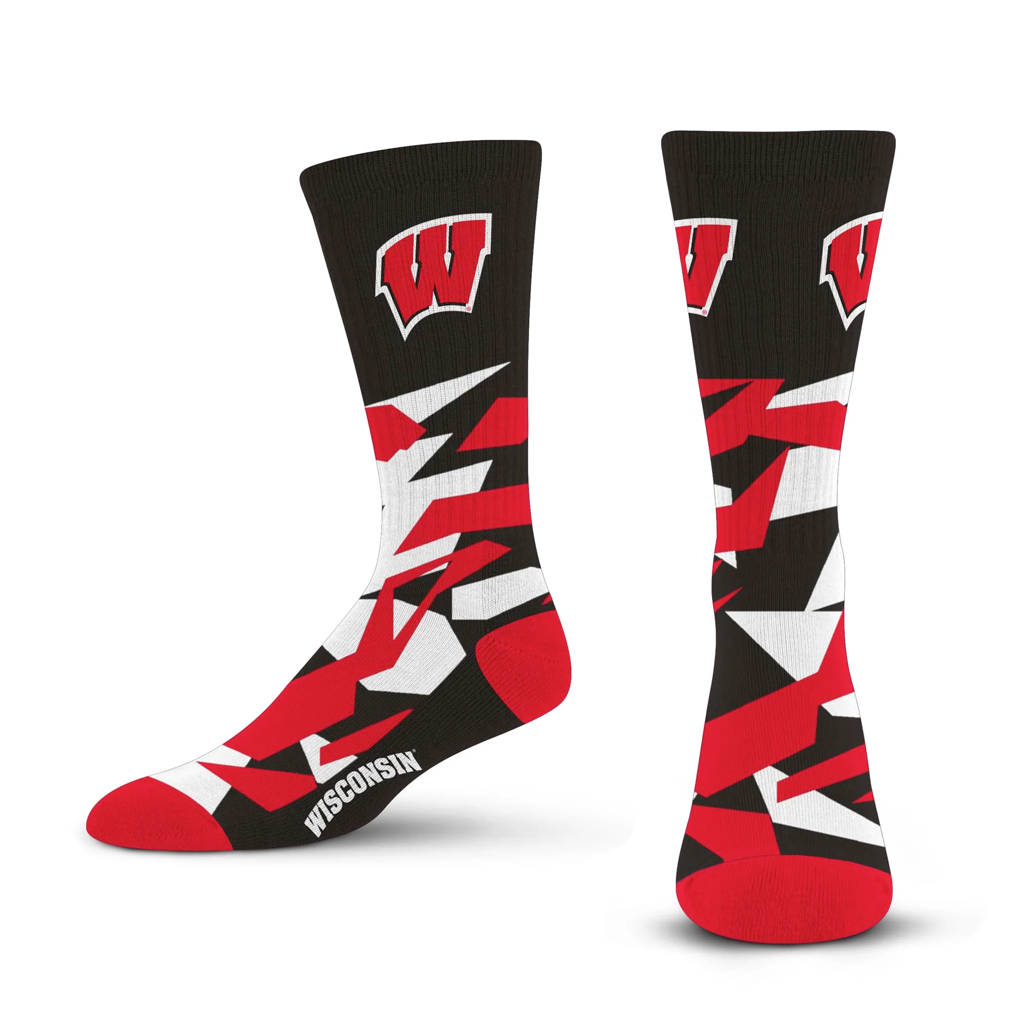 For Bare Feet NCAA WISCONSIN BADGERS Shattered Camo Crew Sock Team Color Large
