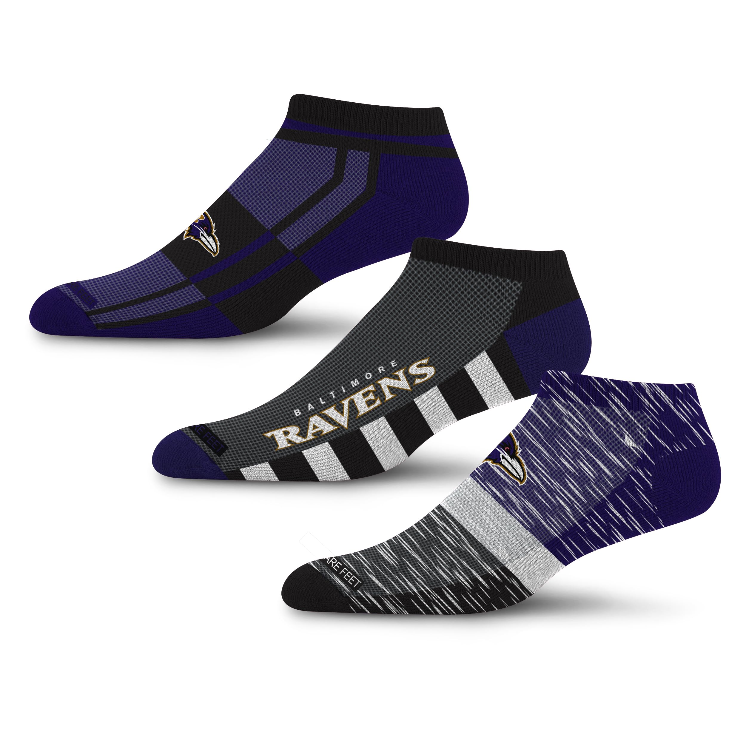 For Bare Feet NFL BALTIMORE RAVENS Stripe Stack 3 Pack Ankle Sock Team Colors Large