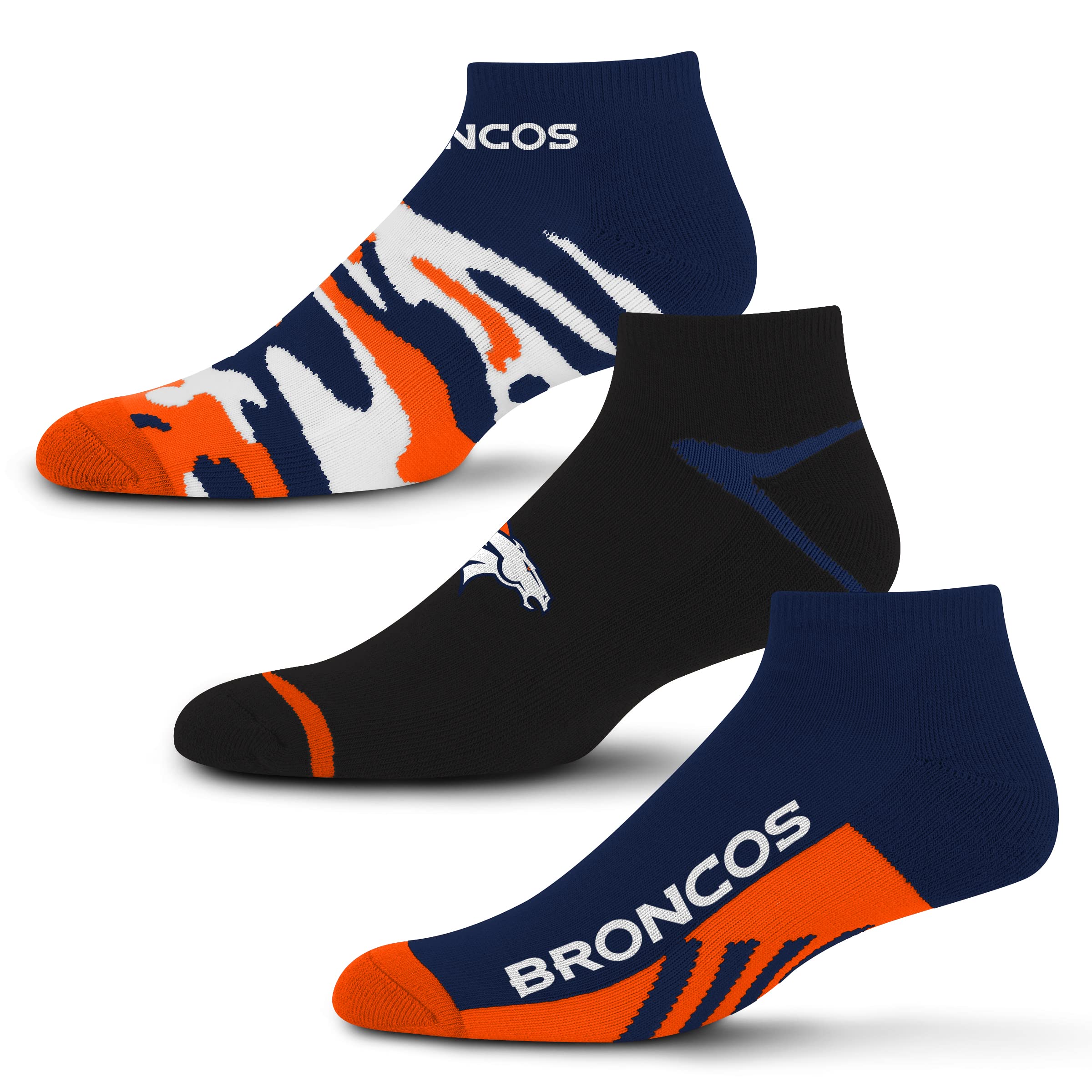 For Bare Feet NFL Denver Broncos CAMO BOOM 3 Pack Ankle Sock Team Colors Large