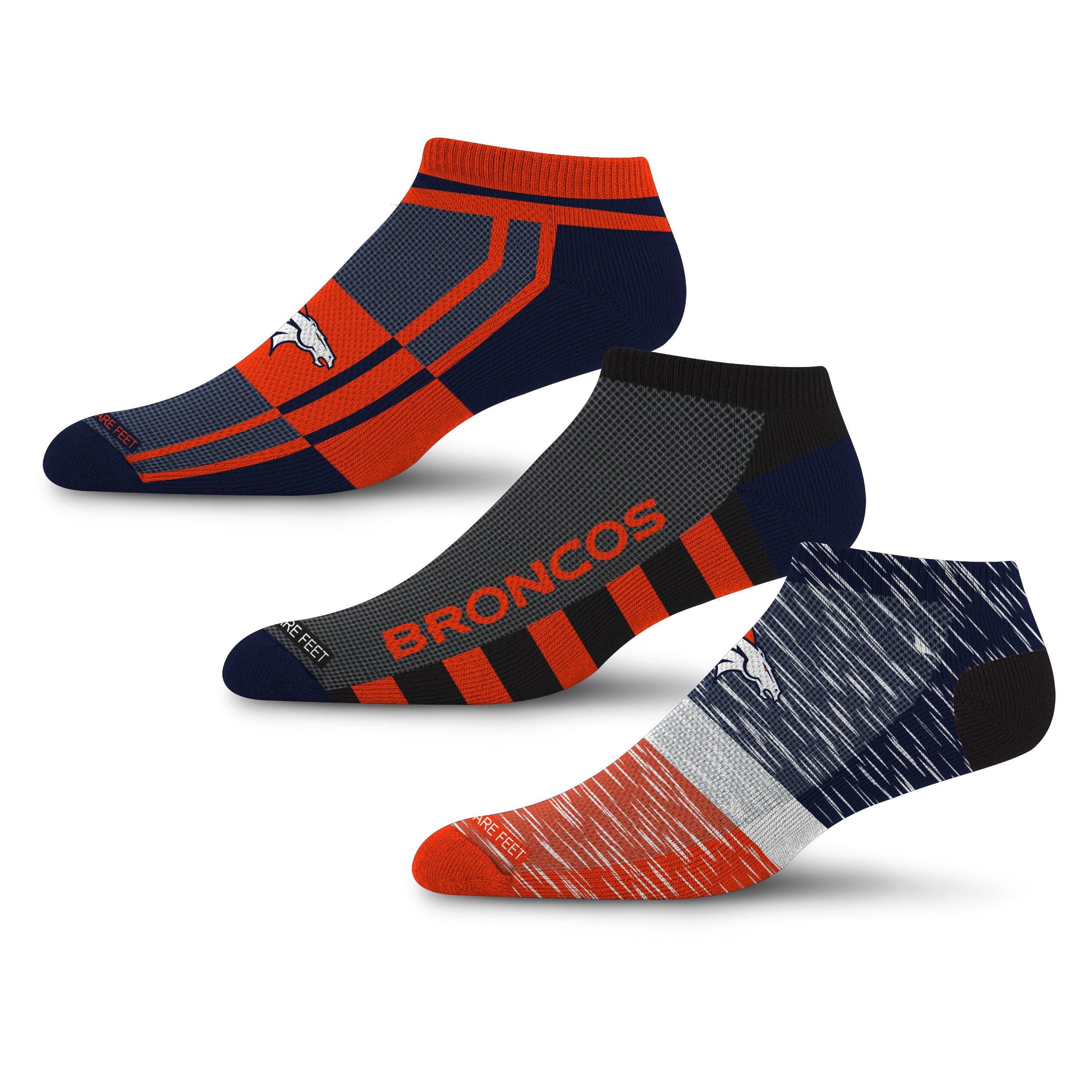 For Bare Feet NFL DENVER BRONCOS Stripe Stack 3 Pack Ankle Sock Team Colors Large