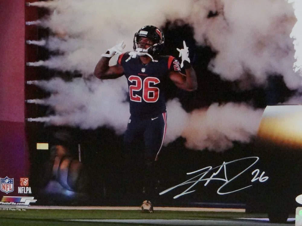 Lamar Miller Autographed Houston Texans 16x20 PF Smoke & Fire -JSA W Auth White