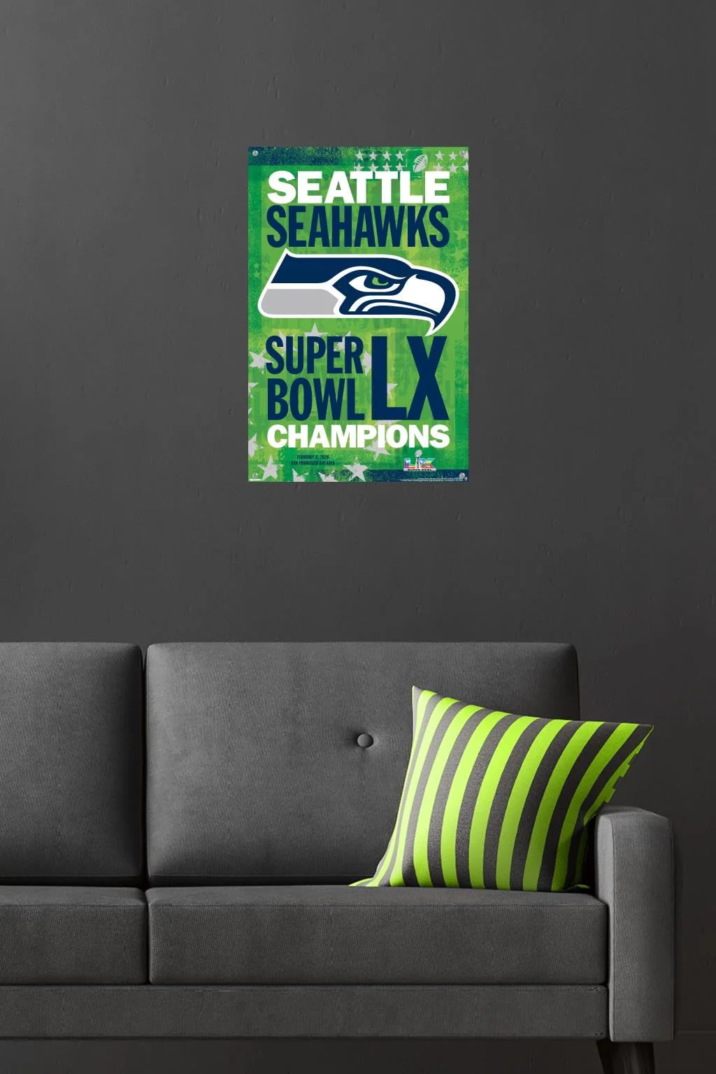 NFL Seattle Seahawks - Super Bowl LX Team Logo Wall Poster with Push Pins, 22.4L" x 14.7W", Premium Poster & Push Pin Bundle