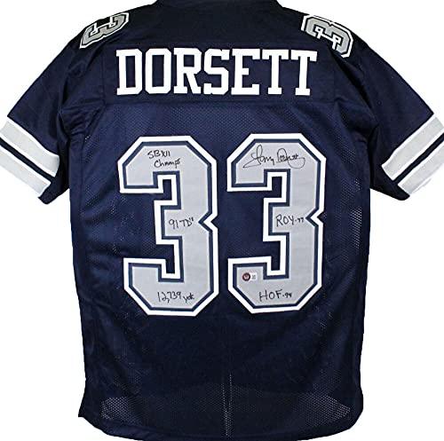 Tony Dorsett Autographed Blue Pro Style Jersey w/ 5 Inscriptions- Beckett W Black